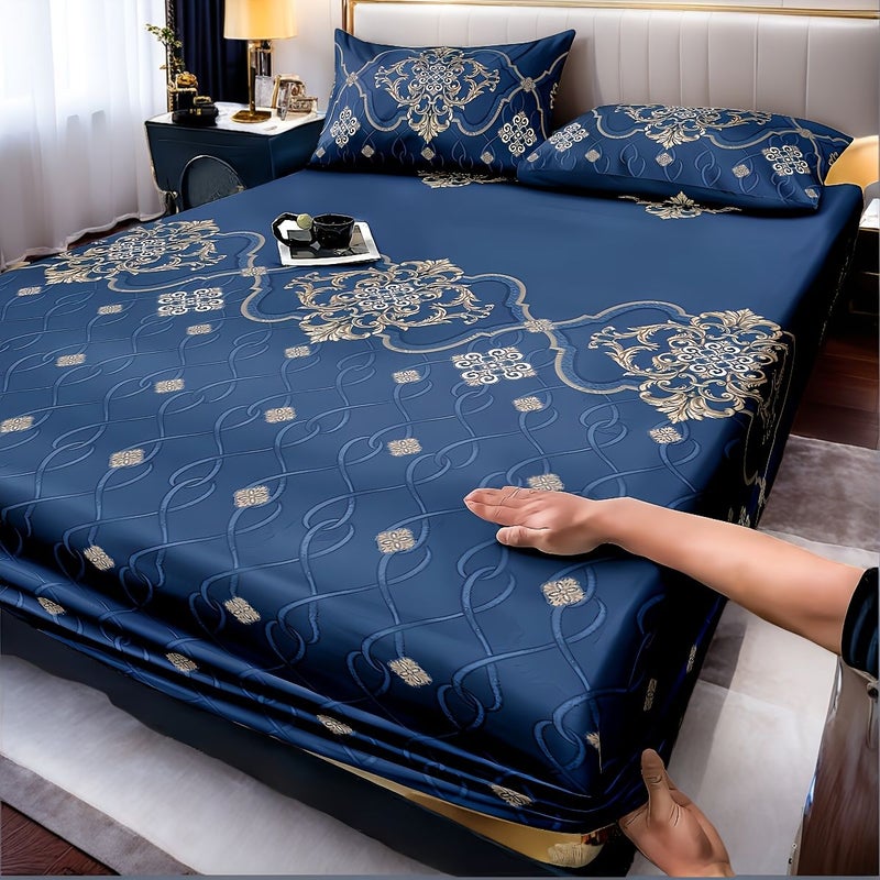 Royal Blue Jacquard Jacquard Bedding Set with Fitted Sheet and 2 Pillowcases - Image 1