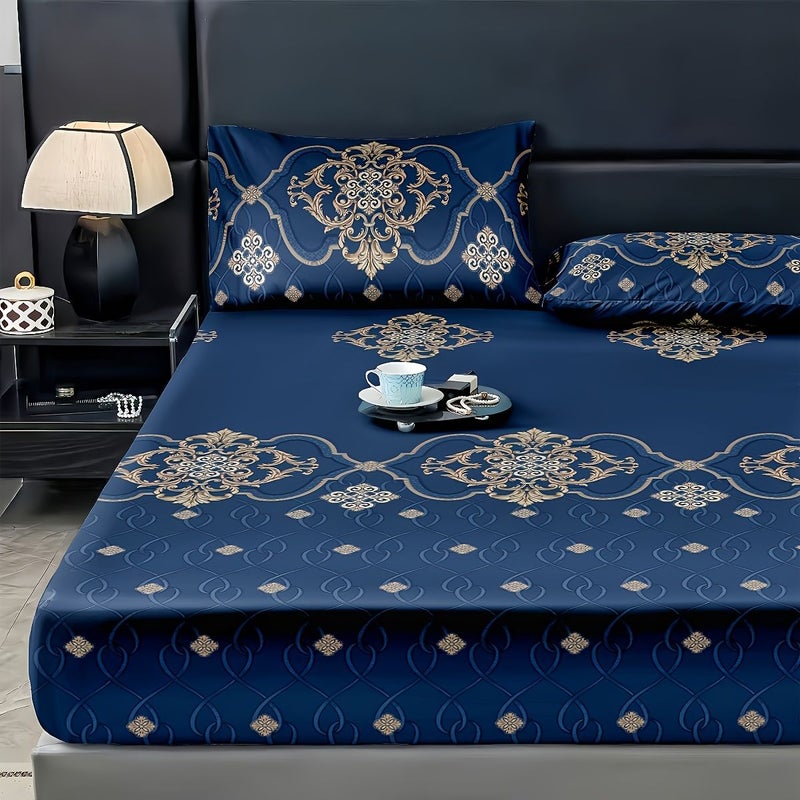 Royal Blue Jacquard Jacquard Bedding Set with Fitted Sheet and 2 Pillowcases - Image 5