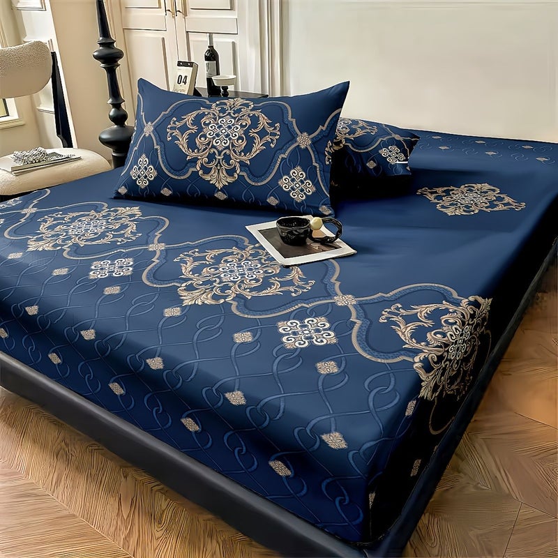 Royal Blue Jacquard Jacquard Bedding Set with Fitted Sheet and 2 Pillowcases - Image 4