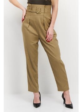 Couture Made For Vero Moda Women Regular Fit Plain Belted Pants, Olive  - Image 1