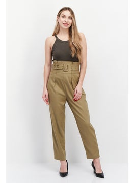 Couture Made For Vero Moda Women Regular Fit Plain Belted Pants, Olive  - Image 2