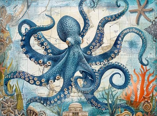 Cross & Glory Cross Glory 1000 Piece Jigsaw Puzzle for Adults Neptunes Navigator The Octopus Voyage Marine Ocean Artwork Puzzle Challenging Brain Teaser - Image 1