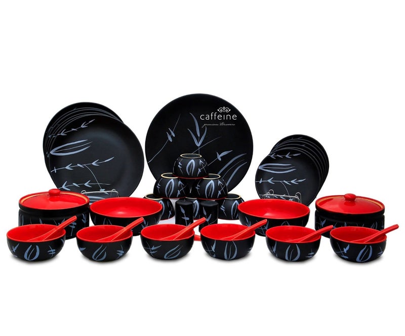 Caffeine Caffeine Ceramic Handmade Red and Black Bamboo Dinner Set (37 Pieces - Microwave & Dishwasher Safe) - Image 1