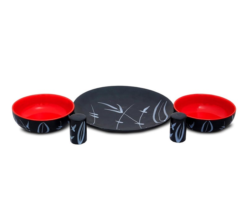 Caffeine Caffeine Ceramic Handmade Red and Black Bamboo Dinner Set (37 Pieces - Microwave & Dishwasher Safe) - Image 5