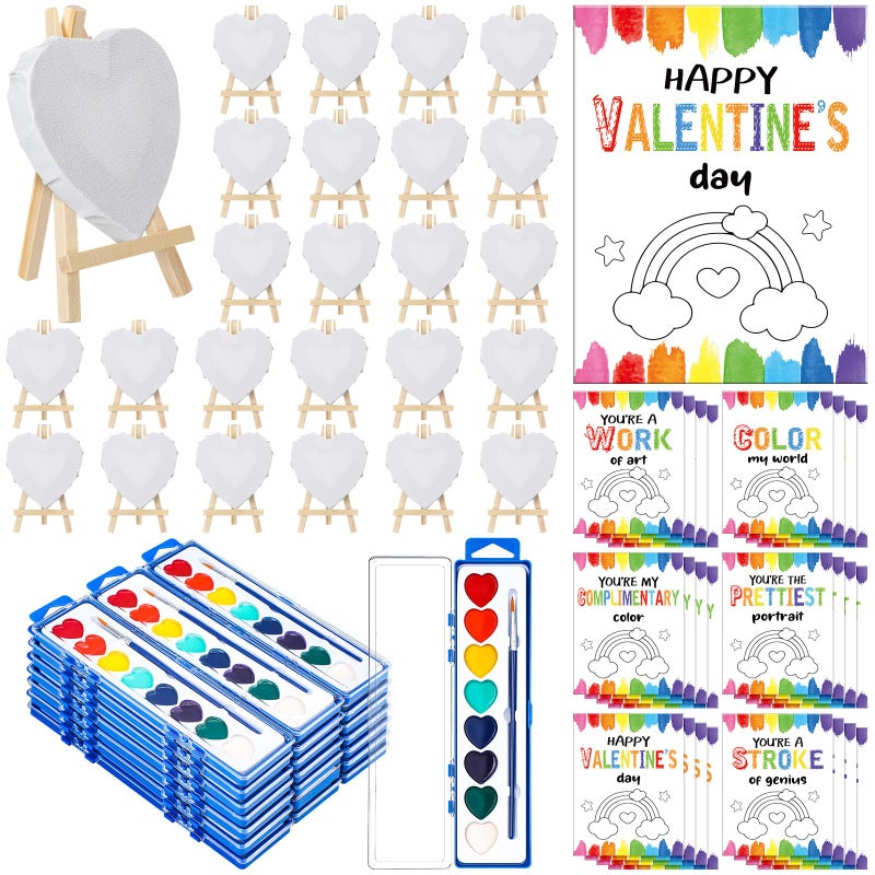 Fullhawl 24 Sets Valentines Gift Mini Painting Set Heart Shape Canvas Wooden Easel, Watercolor Paint and Brush Kit with Valentines Cards for Exchange Gifts Party Favors - Image 1