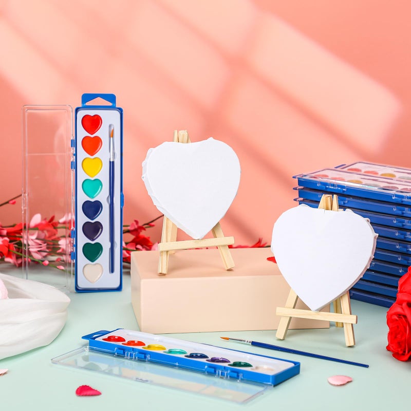 Fullhawl 24 Sets Valentines Gift Mini Painting Set Heart Shape Canvas Wooden Easel, Watercolor Paint and Brush Kit with Valentines Cards for Exchange Gifts Party Favors - Image 5