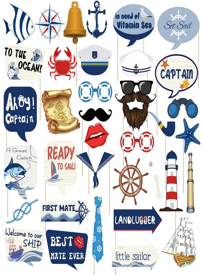 TaoBary 36 Pieces Nautical Photo Booth Props, Sailor Birthday Party Supplies, Cruise Anchor Sailboat Yacht Photography Props for Girls Boys Party Decorations - Image 1