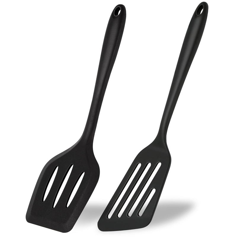P Plus Fire Silicone Slotted Spatula Non Stick Silicone Spatula Turner for Cooking Baking Non Toxic Silicone Fish Spatula Flipper Utensils for Cookware 34CMSet of 2 Black - Image 1