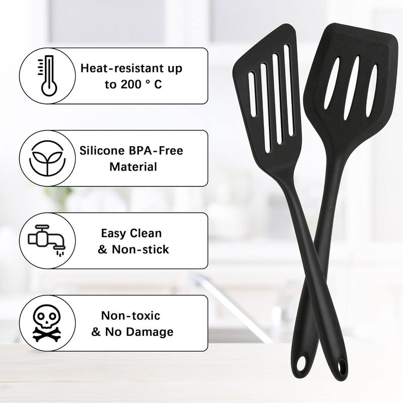 P Plus Fire Silicone Slotted Spatula Non Stick Silicone Spatula Turner for Cooking Baking Non Toxic Silicone Fish Spatula Flipper Utensils for Cookware 34CMSet of 2 Black - Image 3