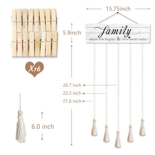 Gwisml Photo Wall DisplayCollage Picture FrameClip Photo Holders for WallWooden Hanging Photo Display with 16 Clips 5 StringsFamily Where Life Begins and Love Never Ends Sign Wall Decor - Image 3