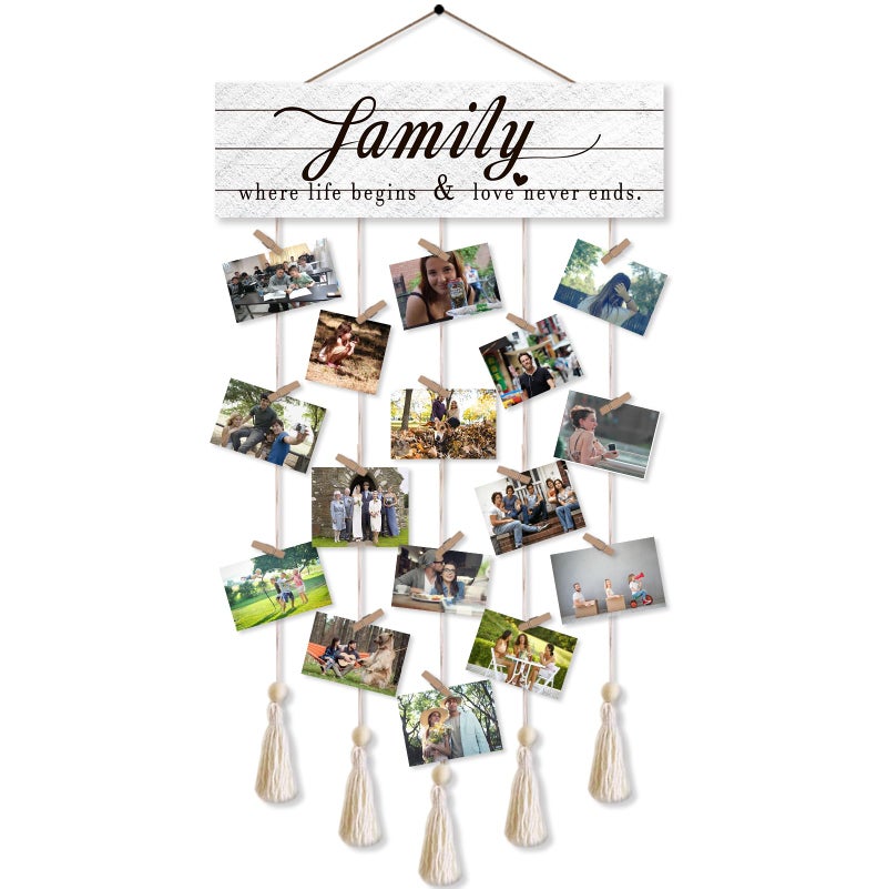 Gwisml Photo Wall DisplayCollage Picture FrameClip Photo Holders for WallWooden Hanging Photo Display with 16 Clips 5 StringsFamily Where Life Begins and Love Never Ends Sign Wall Decor - Image 2