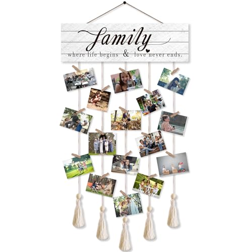 Gwisml Photo Wall DisplayCollage Picture FrameClip Photo Holders for WallWooden Hanging Photo Display with 16 Clips 5 StringsFamily Where Life Begins and Love Never Ends Sign Wall Decor - Image 1