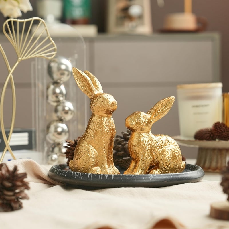 AOMOONOA Gold Bunny Decor, Easter Bunny Figurines Set of 2, Small Rabbit Decor with Metallic Rough Finish, Resin Bunnies for Spring Table Centerpiece, Elegant Home, Mantle Shelf Decor - Image 3