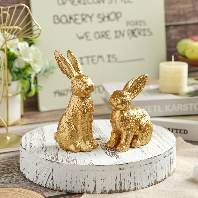 AOMOONOA Gold Bunny Decor, Easter Bunny Figurines Set of 2, Small Rabbit Decor with Metallic Rough Finish, Resin Bunnies for Spring Table Centerpiece, Elegant Home, Mantle Shelf Decor - Image 4