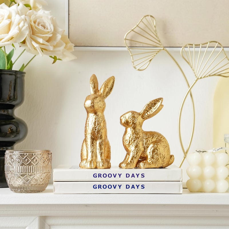AOMOONOA Gold Bunny Decor, Easter Bunny Figurines Set of 2, Small Rabbit Decor with Metallic Rough Finish, Resin Bunnies for Spring Table Centerpiece, Elegant Home, Mantle Shelf Decor - Image 2