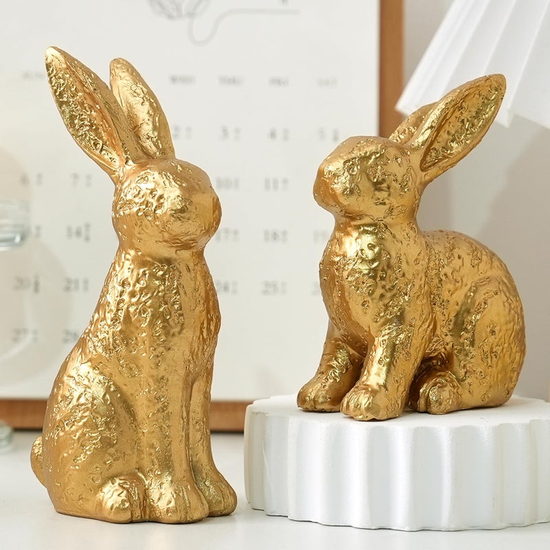 AOMOONOA Gold Bunny Decor, Easter Bunny Figurines Set of 2, Small Rabbit Decor with Metallic Rough Finish, Resin Bunnies for Spring Table Centerpiece, Elegant Home, Mantle Shelf Decor - Image 1