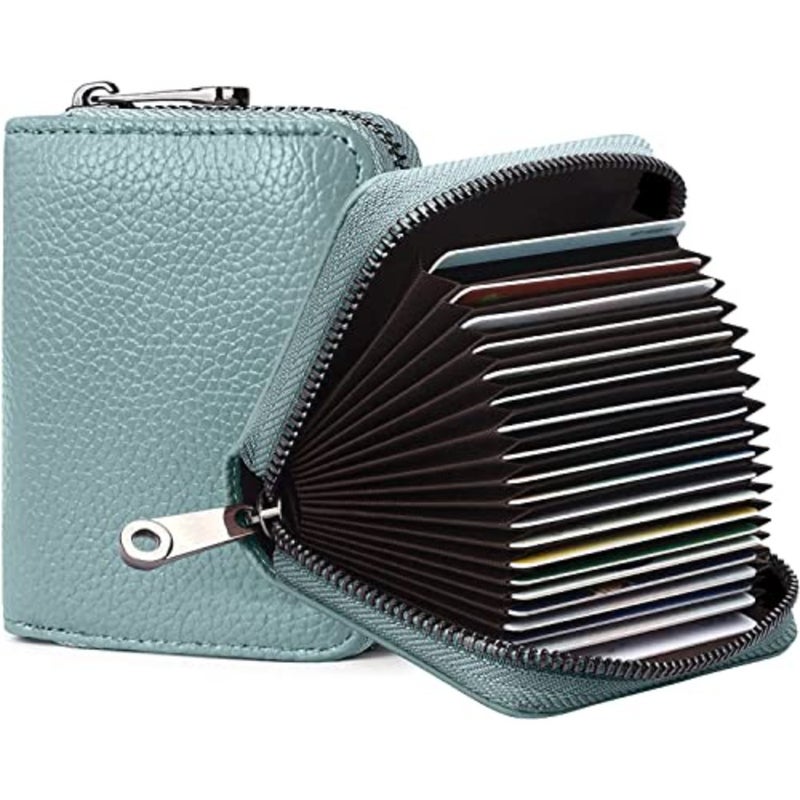 Credit Card Holder Wallet, Light Blue Card Cases, RFID 20 Card Slots Credit Card Holder Genuine Leather Small Card Case, Accordion Wallet with Zipper for Women Men, Wallets Card Cases Money Organizers - Image 1