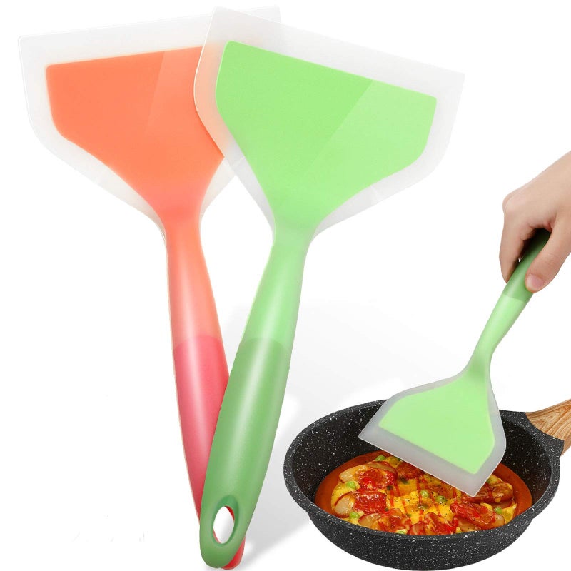Shappy Shappy 2 Pcs Wide Silicone Spatula Tamagoyaki Spatula Shovel Turner Nonstick Fried Shovel Fish Spatula Silicone Wide Flexible Turner for Nonstick Cookware Egg Cookie Omelette(Green Orange)  - Image 1