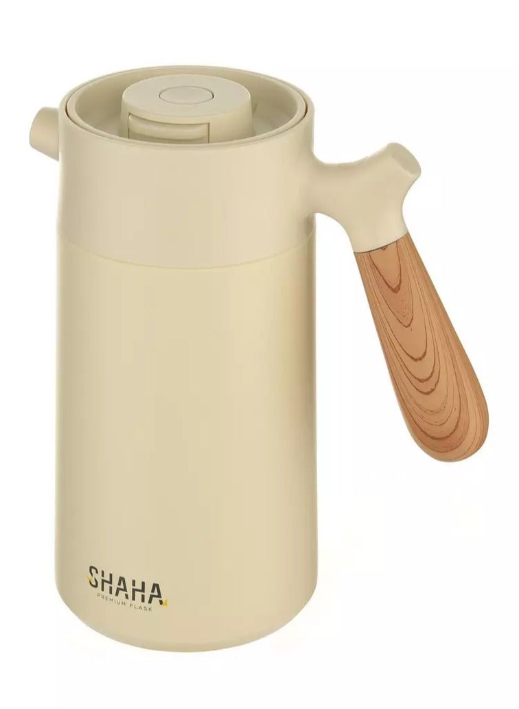 SHAHA قارورة مفرغة من الفولاذ المقاوم للصدأ بمقبض خشبي سعة 14 لترًا باللون الأبيض - Image 2