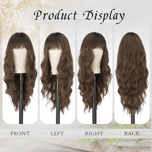 FESHFEN Medium Brown Wig with Bangs for Women Long Wavy Brown Natural Looking Synthetic Hair Wigs for Daily Party Costume 26 inch - Image 3