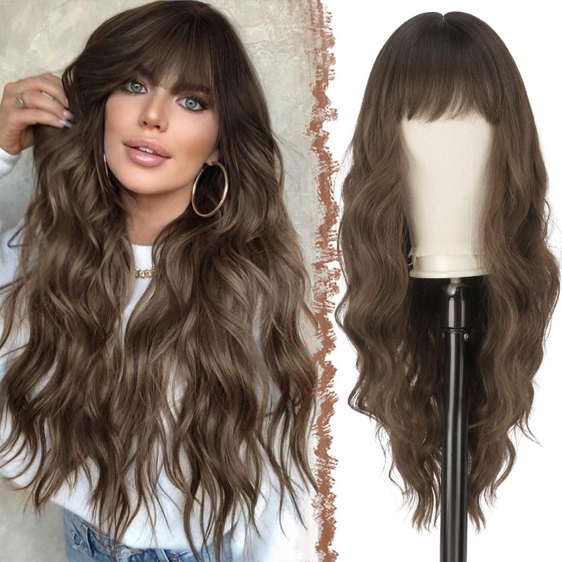 FESHFEN Medium Brown Wig with Bangs for Women Long Wavy Brown Natural Looking Synthetic Hair Wigs for Daily Party Costume 26 inch - Image 2
