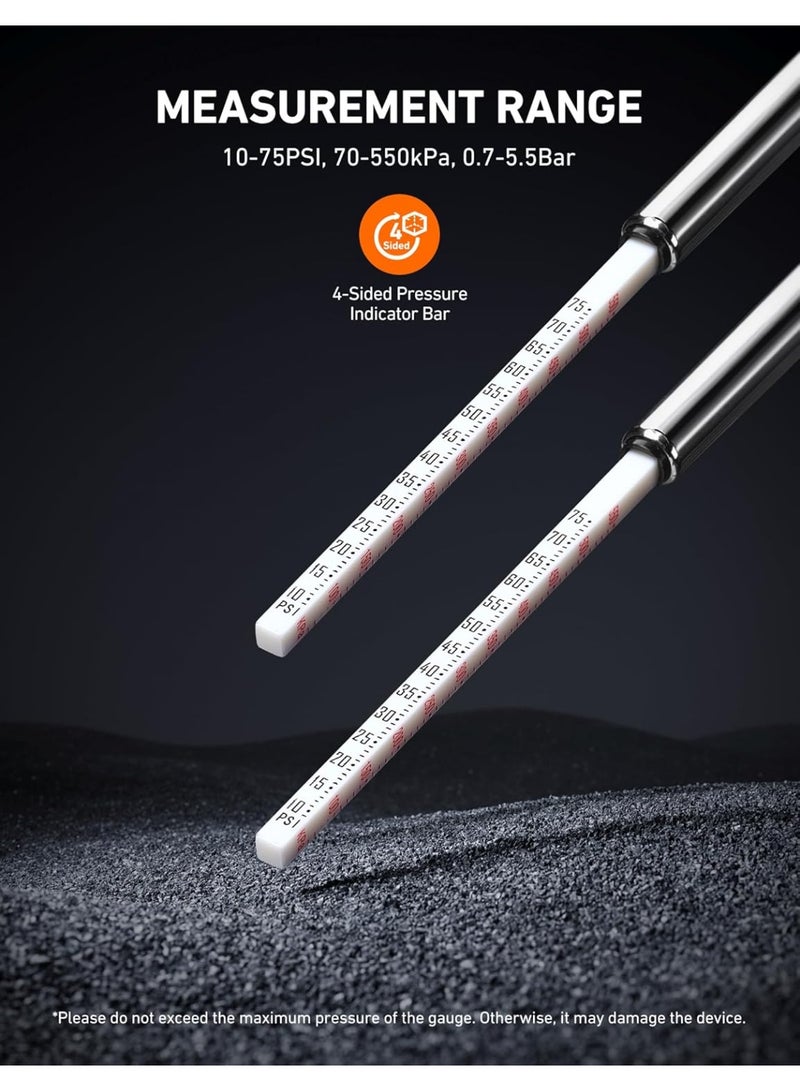 مقياس ضغط الإطارات بقلم رصاص 2 حزمة (10-75PSI, ±2 ٪ Span)، مقياس ضغط الهواء للإطارات، جسم الفولاذ المقاوم للصدأ، وفتحات معدنية لقياسات السيارات والدراجات والمركبات - Image 3