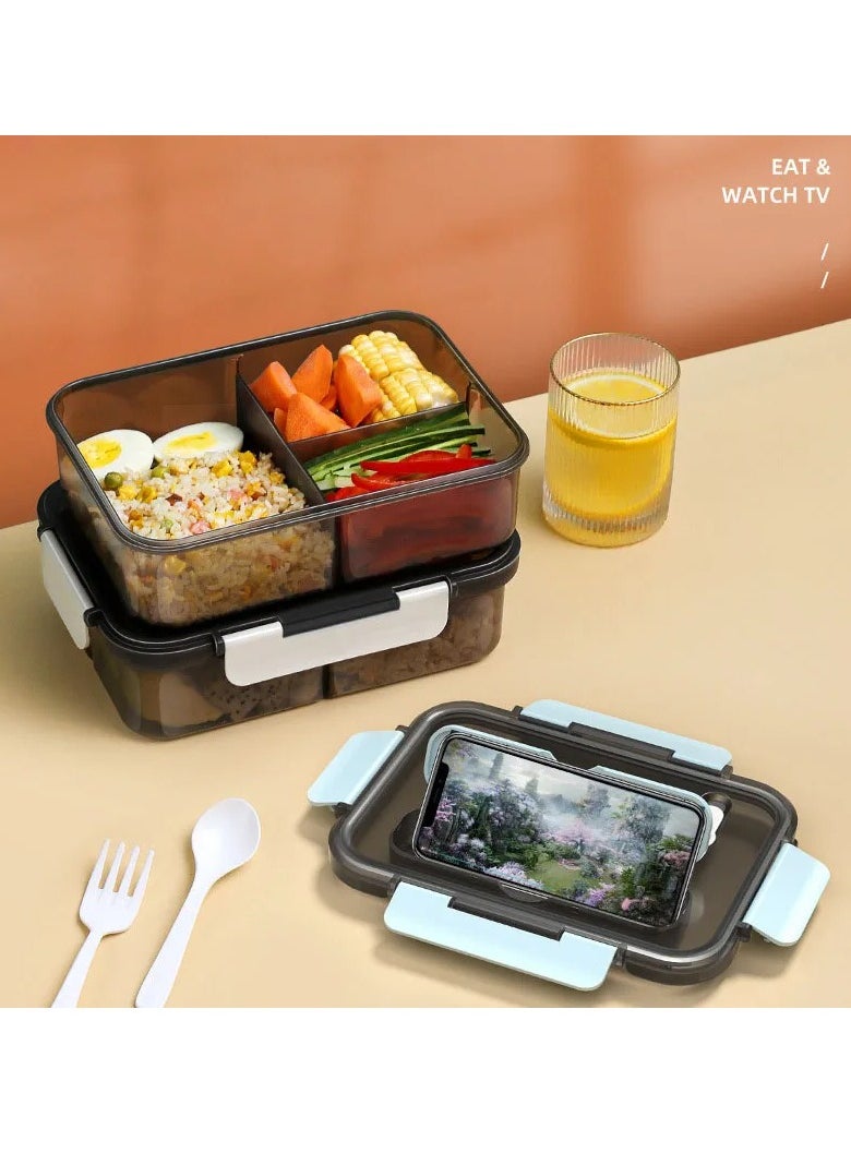 Arabest - Bento Lunch Box - 3 Compartment Lunch Containers for Adults and Kids,Food Grade Plastic Lunch Box with Spoon & Fork (Blue） - Image 1