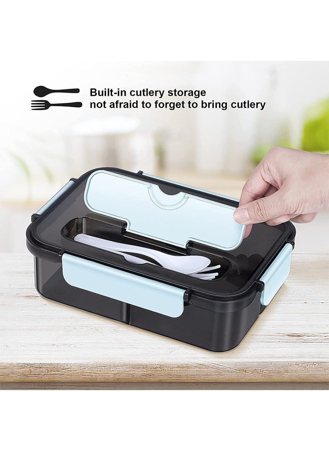 Arabest - Bento Lunch Box - 3 Compartment Lunch Containers for Adults and Kids,Food Grade Plastic Lunch Box with Spoon & Fork (Blue） - Image 1