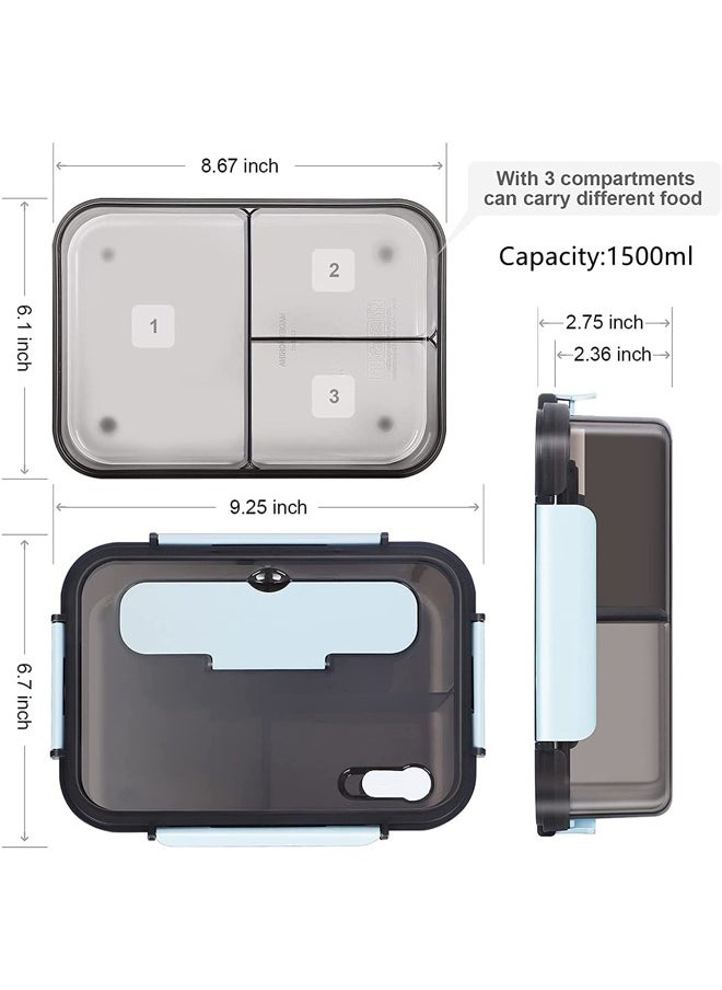 Arabest - Bento Lunch Box - 3 Compartment Lunch Containers for Adults and Kids,Food Grade Plastic Lunch Box with Spoon & Fork (Blue） - Image 1