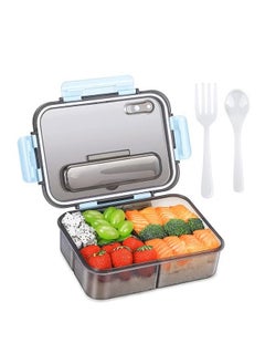 Bento Lunch Box - 3 Compartment Lunch Containers for Adults and Kids,Food Grade Plastic Lunch Box with Spoon & Fork (Blue）