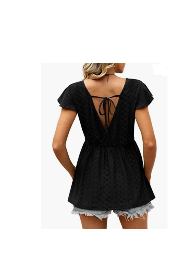 Loquat Summer New Women's Hollowed Oout Lotus Sleeve Waist Cinched Casual Blouse  - Image 2