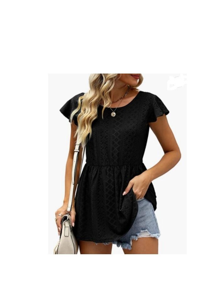 Loquat Summer New Women's Hollowed Oout Lotus Sleeve Waist Cinched Casual Blouse  - Image 1