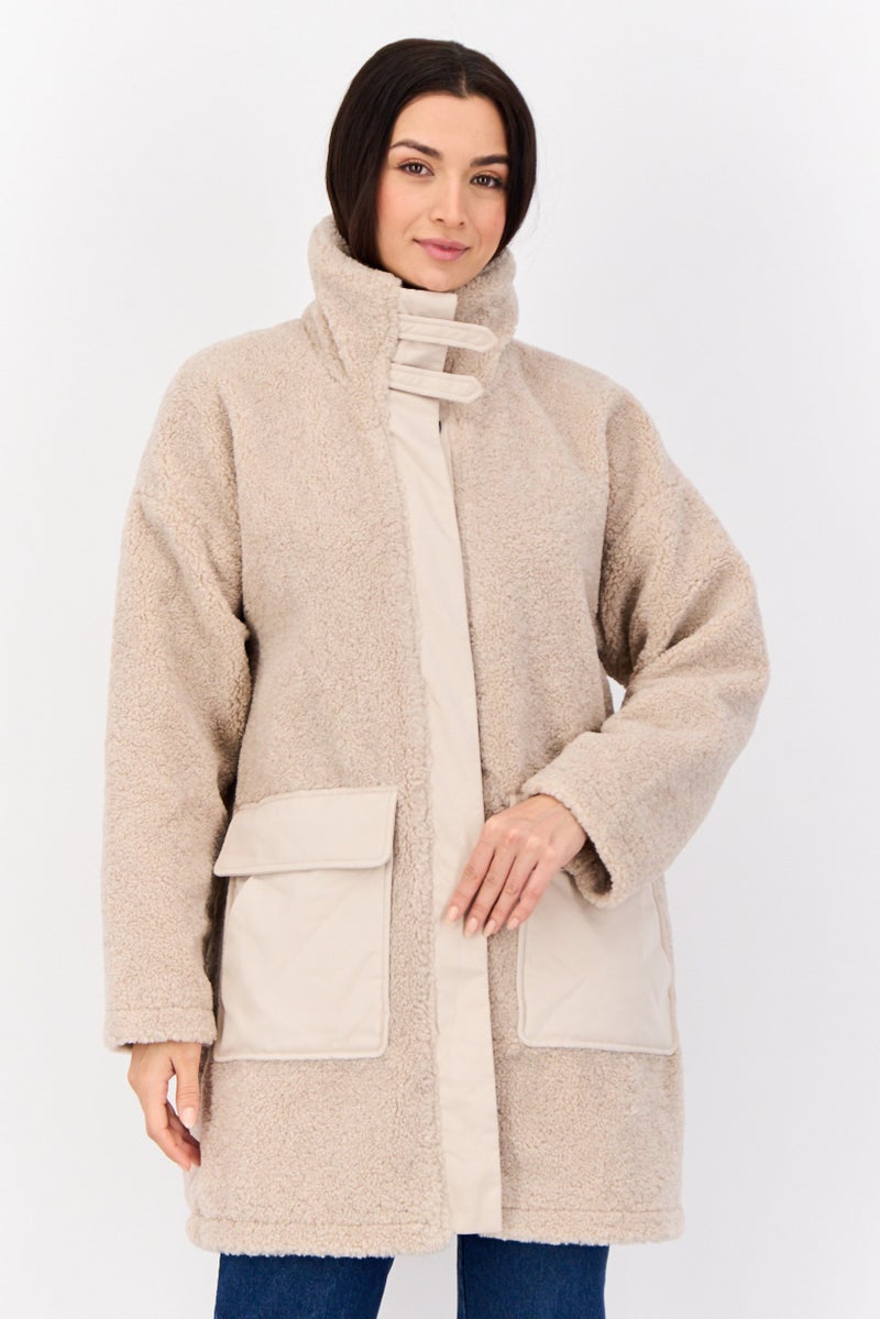 ESPRIT Women Mock Neck Faux Fur Sherpa Jacket, Beige - Image 1