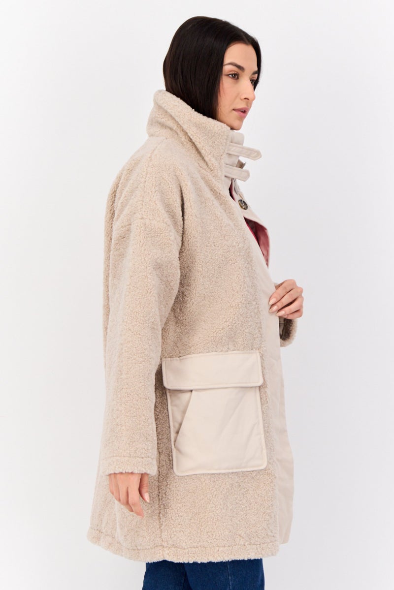 ESPRIT Women Mock Neck Faux Fur Sherpa Jacket, Beige - Image 3