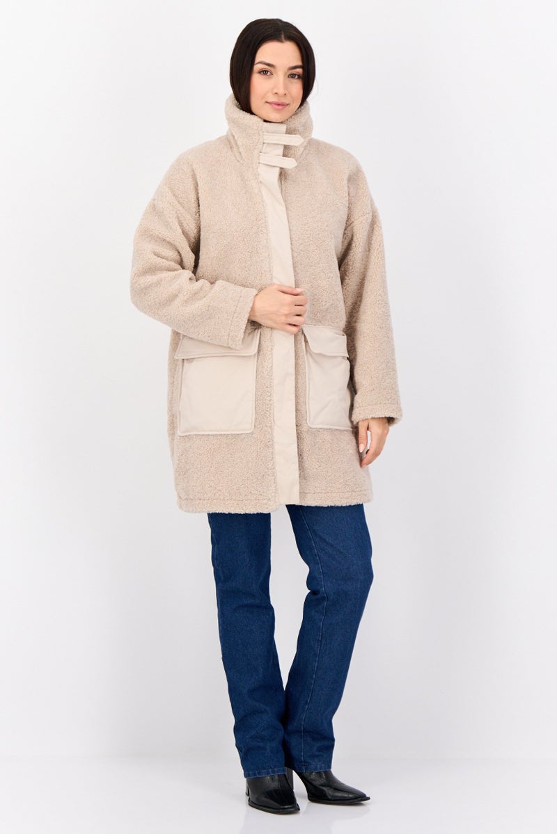 ESPRIT Women Mock Neck Faux Fur Sherpa Jacket, Beige - Image 2