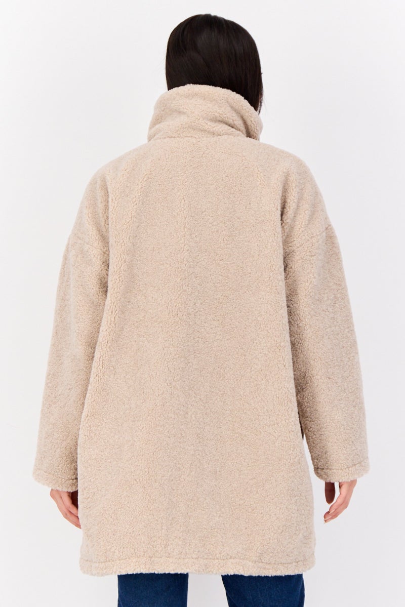 ESPRIT Women Mock Neck Faux Fur Sherpa Jacket, Beige - Image 4