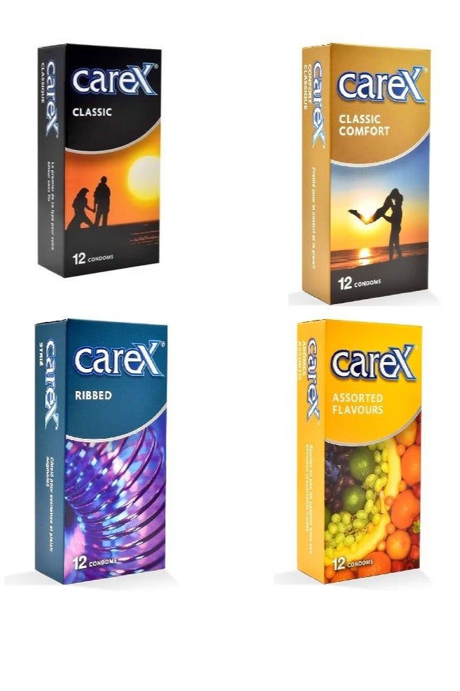 careX Set Of 4 Honeymoon Pack- Classic, Classic Comfort, Ribbed, Assorted Flavours Condom