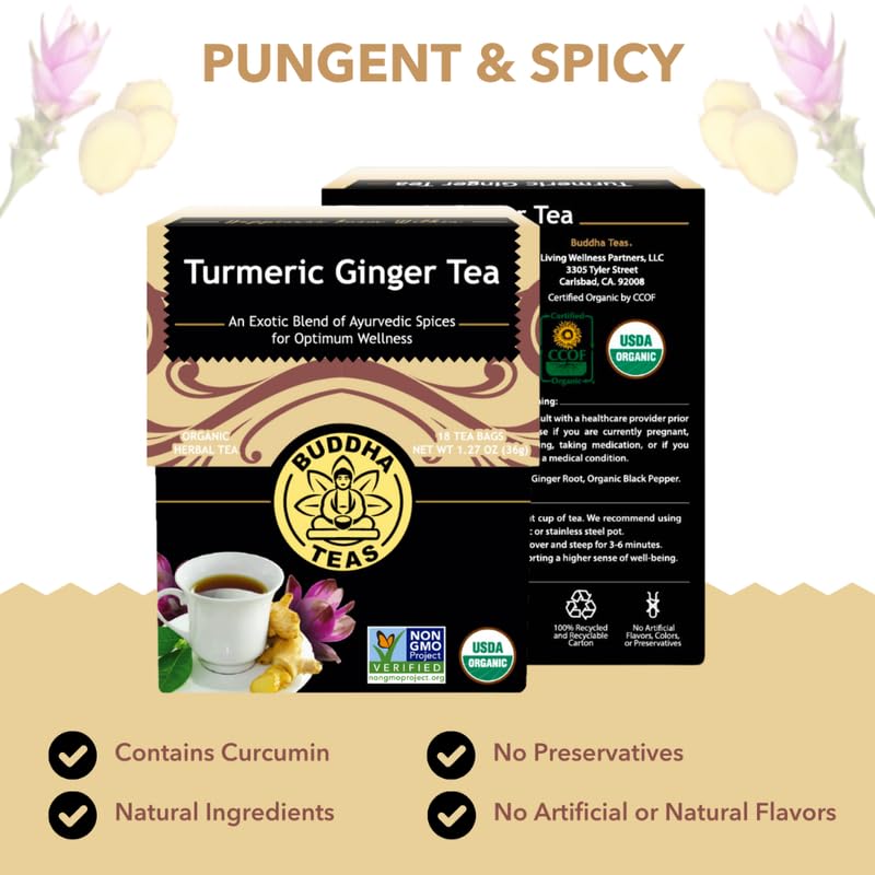 Buddha Teas Organic Turmeric Ginger Tea - OU Kosher, USDA Organic, CCOF Organic, 18 Bleach-Free Tea Bags - Image 5