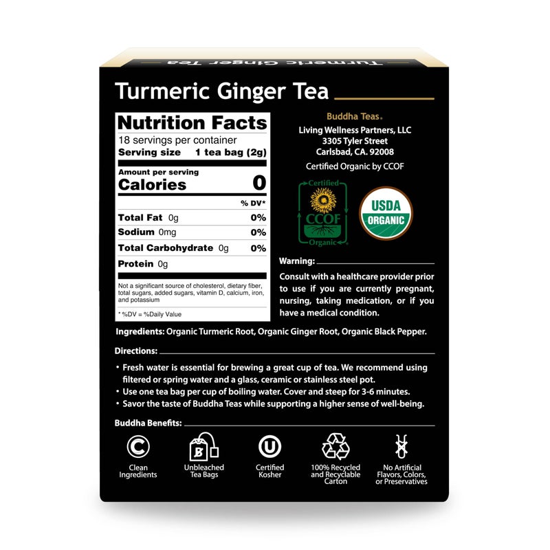 Buddha Teas Organic Turmeric Ginger Tea - OU Kosher, USDA Organic, CCOF Organic, 18 Bleach-Free Tea Bags - Image 3