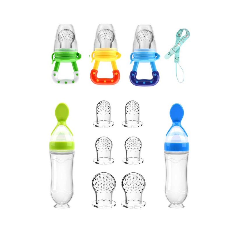 WAJIAYON Food Feeder Baby Fruit Pacifier 3 Pcs with 6 Different Sized Silicone Pacifiers 2 PCS Dispensing Spoon 90ML Spoons Clip Infant Teething Toy Blue