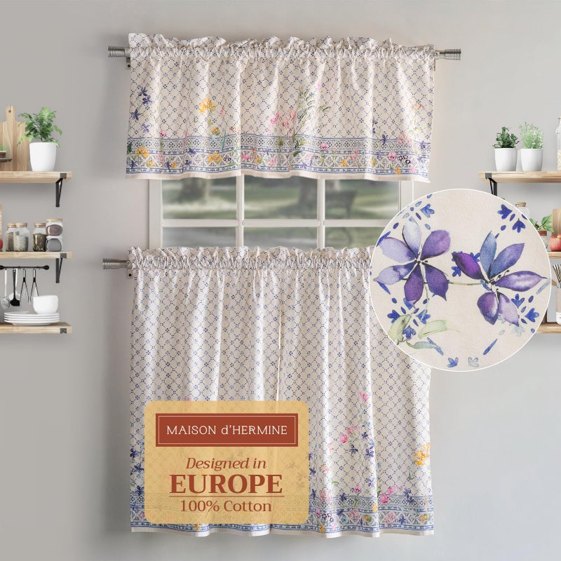 Maison d' Hermine Kitchen Curtains Sets for Windows 100% Cotton Set of Kitchen Curtains Valances for Home [2 Tiers (28"X36") and 1 Valance (56"X18")] Farmhouse, Cafe (Faience) - Image 1
