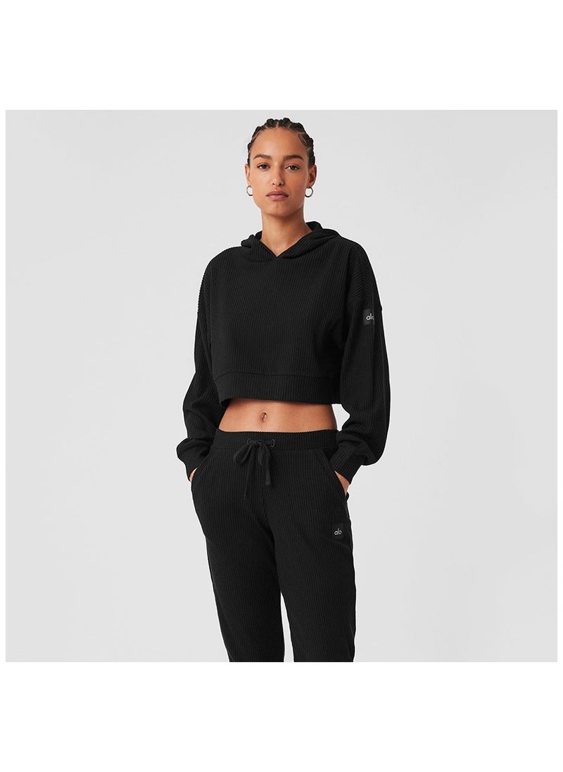 alo - alo Yoga set MUSE Sports set thread loose casual hooded hoodie sports two-piece set black - Image 1