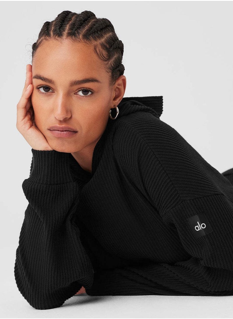 alo - alo Yoga set MUSE Sports set thread loose casual hooded hoodie sports two-piece set black - Image 1