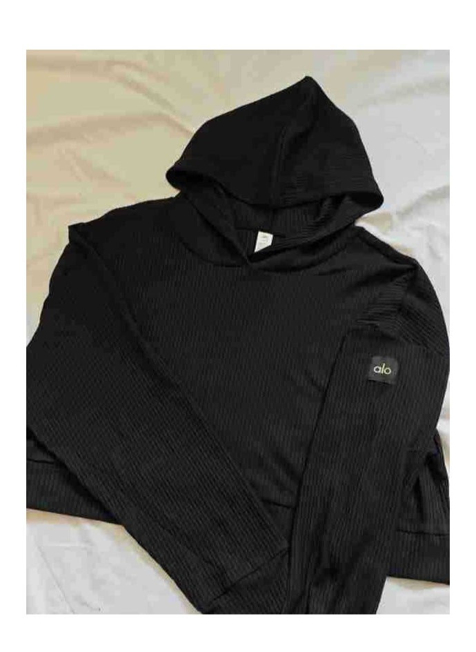 alo - alo Yoga set MUSE Sports set thread loose casual hooded hoodie sports two-piece set black - Image 1