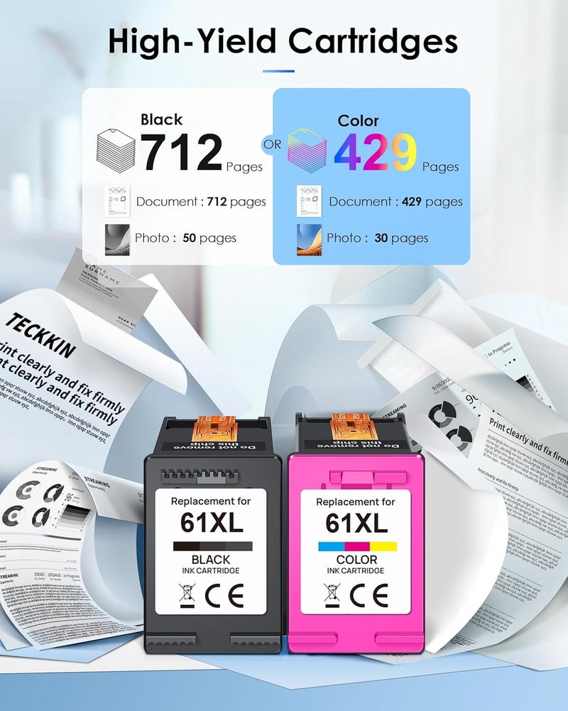 حبر طابعة 61XL بديل لحبر HP 61 لطابعات HP 61 عبوة خراطيش مدمجة مناسبة لـ Envy 4500 5530 4501 4502 DeskJet 1000 1010 1050 1510 2050 2510 2540 OfficeJet 2620 4630 (عبوة من 2) - Image 4