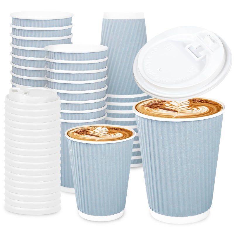 Whaline 100Pcs Light Blue Disposable Coffee Cups with Lids 12oz Solid Blue Paper Cups Corrugated Ripple Wall Insulated Hot Cups for Home Office Party Supplies - Image 1