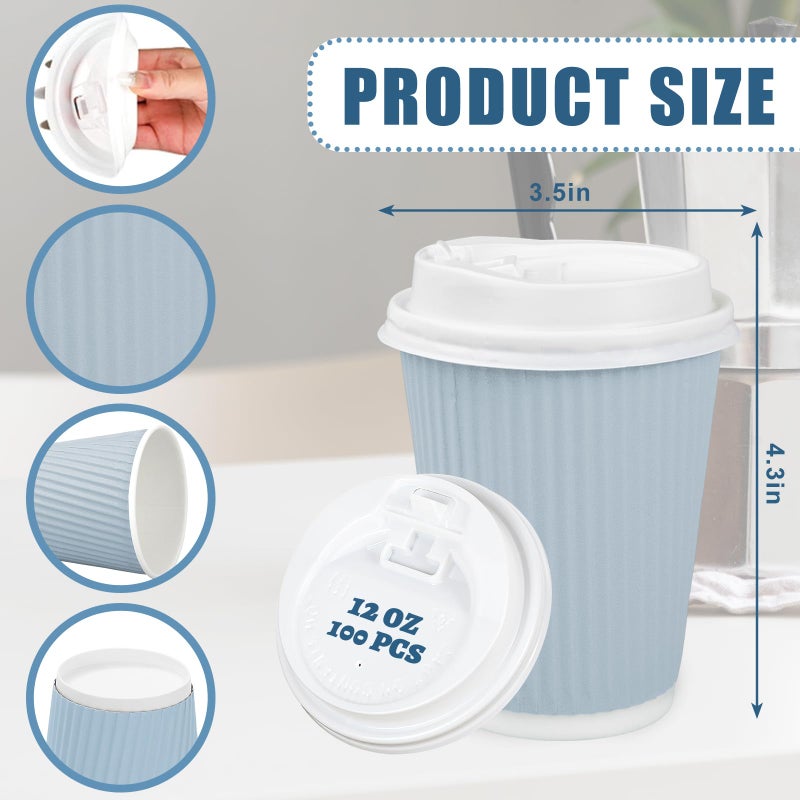 Whaline 100Pcs Light Blue Disposable Coffee Cups with Lids 12oz Solid Blue Paper Cups Corrugated Ripple Wall Insulated Hot Cups for Home Office Party Supplies - Image 2