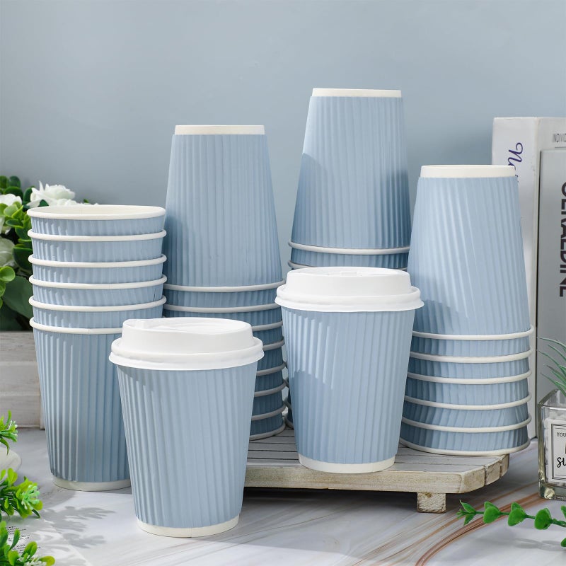 Whaline 100Pcs Light Blue Disposable Coffee Cups with Lids 12oz Solid Blue Paper Cups Corrugated Ripple Wall Insulated Hot Cups for Home Office Party Supplies - Image 4