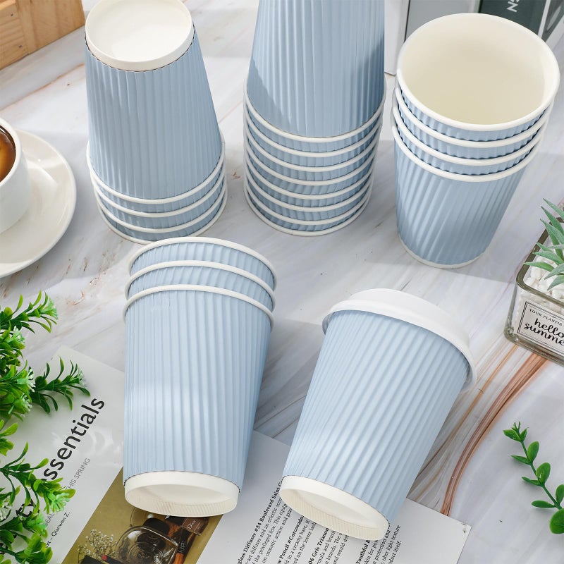 Whaline 100Pcs Light Blue Disposable Coffee Cups with Lids 12oz Solid Blue Paper Cups Corrugated Ripple Wall Insulated Hot Cups for Home Office Party Supplies - Image 3