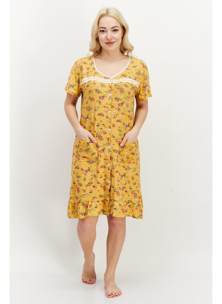 Miss Lillian Women Floral Print Night Gown Sleepwear, Mustard  - Image 3
